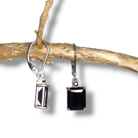 BBJ 925 Sterling Silver Dangle Earrings Black Onyx Emerald Cut Lever Backs - Picture 9 of 11